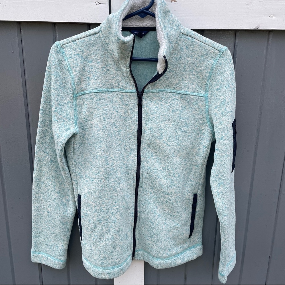 Nautica Mint and Navy Fleece Lined Sweater Jacket